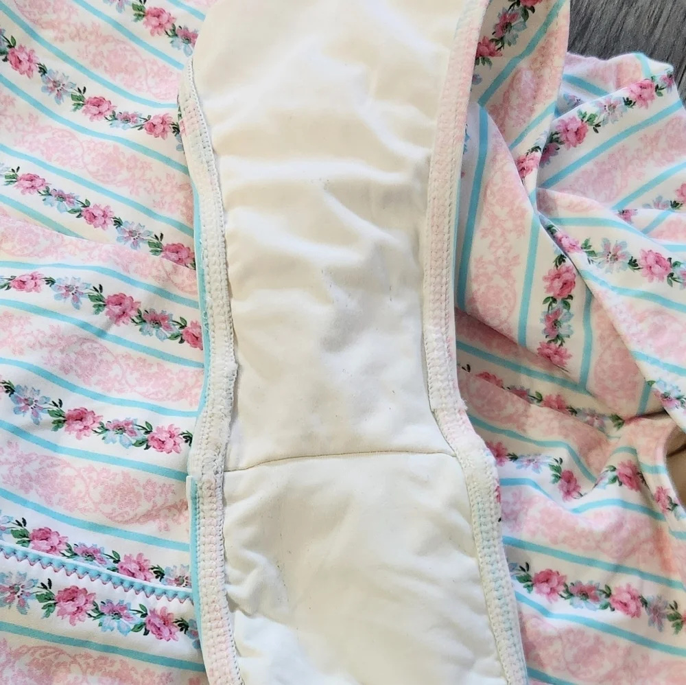 Frankie's Bikinis White One-Piece with Pink and Light Blue Floral Stripes